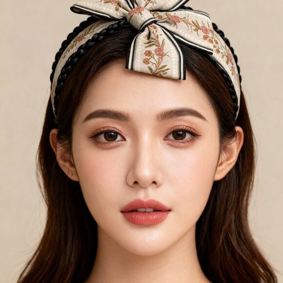 Floral Embroidered Bow Headband - Black and Cream - Picture 6 of 6